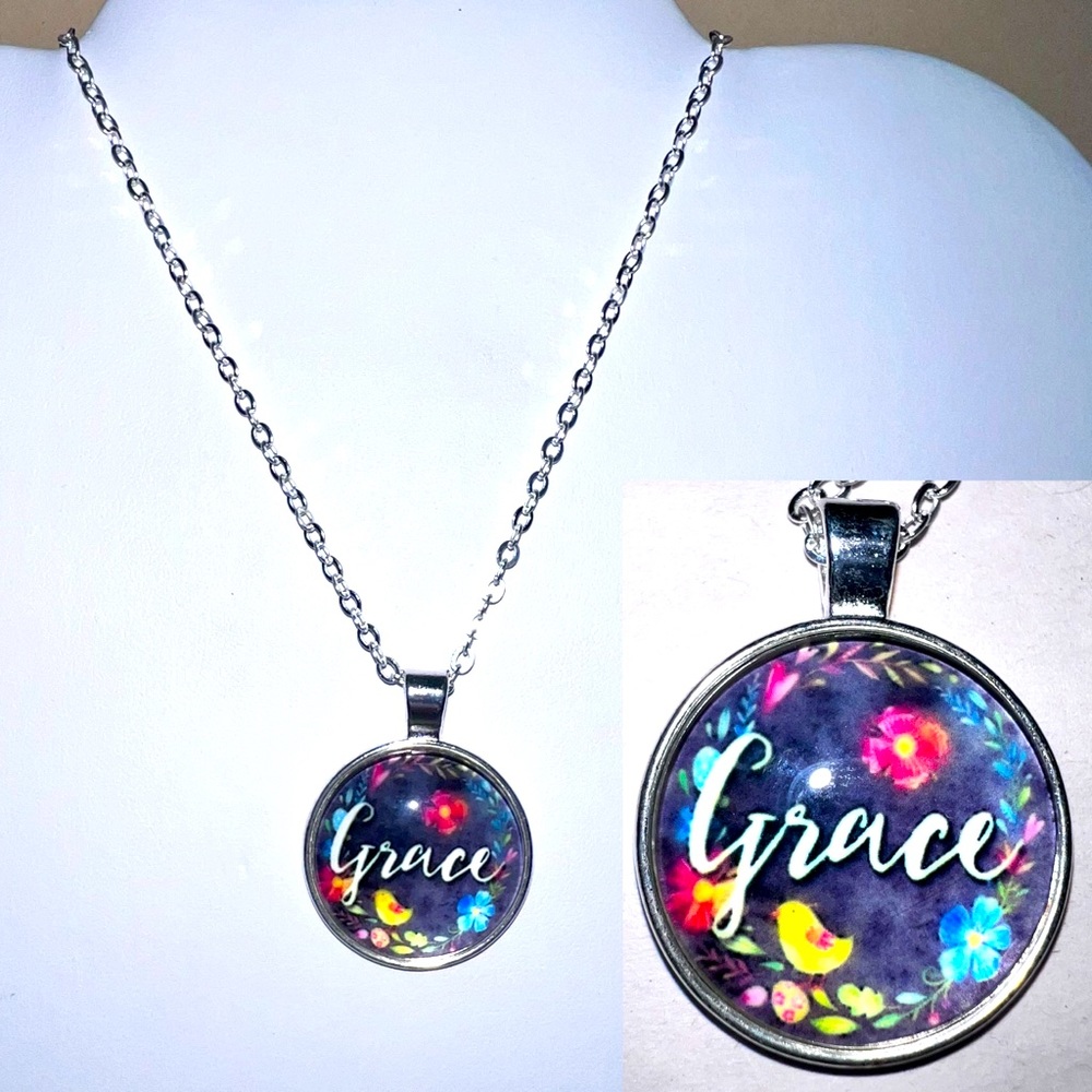 ✨🧘‍♀️✨Inspirational GRACE Necklace Silver & Black New 18 inch chain w/extender